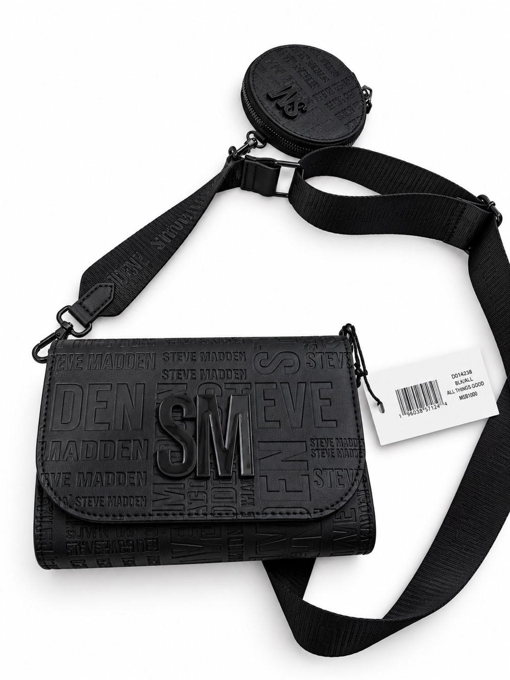 Steve Madden Black Embossed SM Crossbody with Detachable Coin Pouch